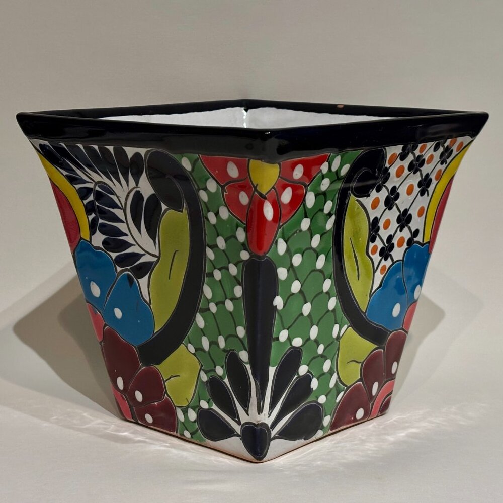 Hand Painted Blue Orange Pottery Talavera Conica Square Planter Made in Mexico